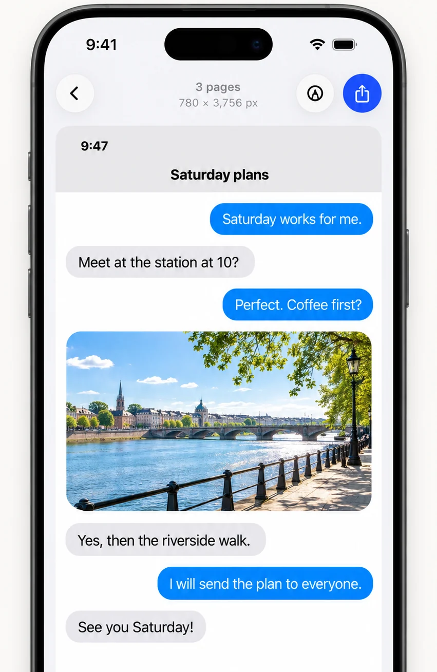 Long chat screenshot stitched from three iPhone screenshots in FullPage